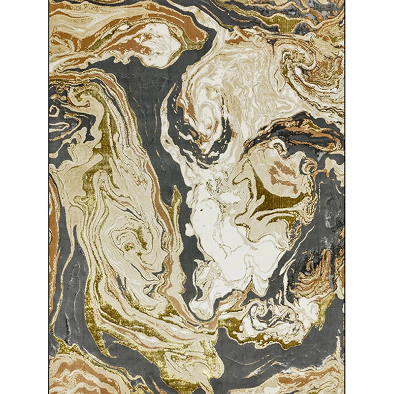 Moderner Wohnzimmerteppich Gold mit abstraktem Ölgemälde-Druck, waschbarer, schmutzabweisender Teppich aus Polyester Clear...