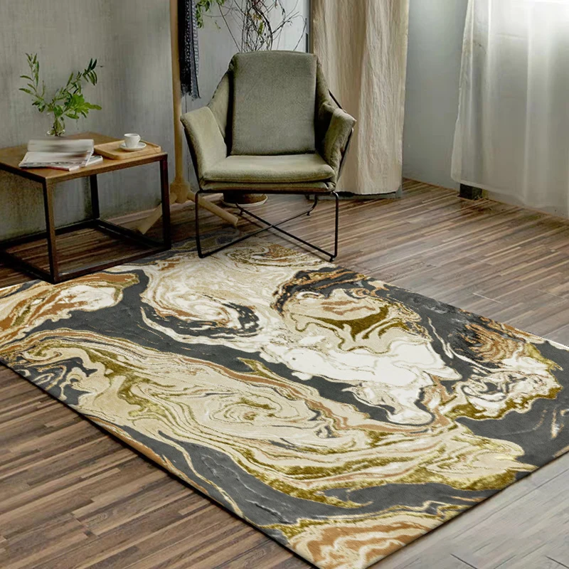 Moderner Wohnzimmerteppich Gold mit abstraktem Ölgemälde-Druck, waschbarer, schmutzabweisender Teppich aus Polyester Clear...