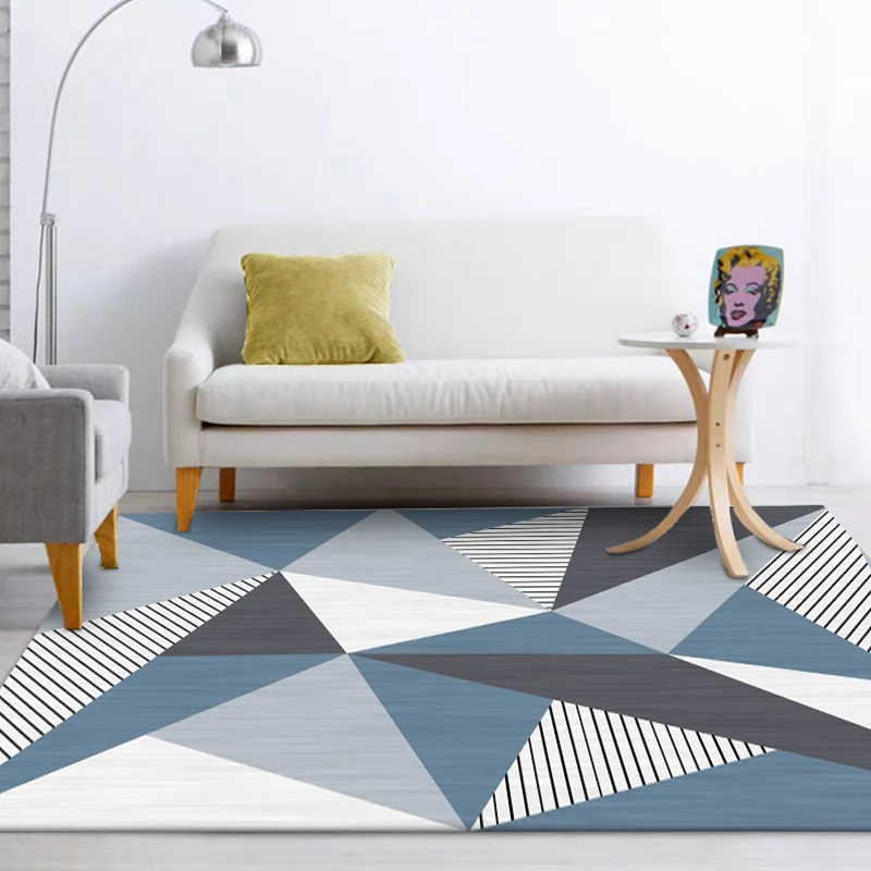 Moderner Wohnzimmerteppich grauem und blauem Farbblockmuster mit dreieckigem Streifenmuster, schmutzabweisender Polyestert...