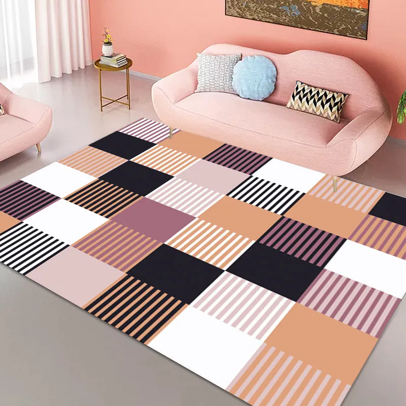 Moderner Wohnzimmerteppich Grün und Rosa mit kariertem Streifenmuster, maschinenwaschbarer Teppich aus Polyester Clearhalo