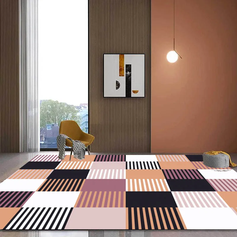 Moderner Wohnzimmerteppich Grün und Rosa mit kariertem Streifenmuster, maschinenwaschbarer Teppich aus Polyester Clearhalo