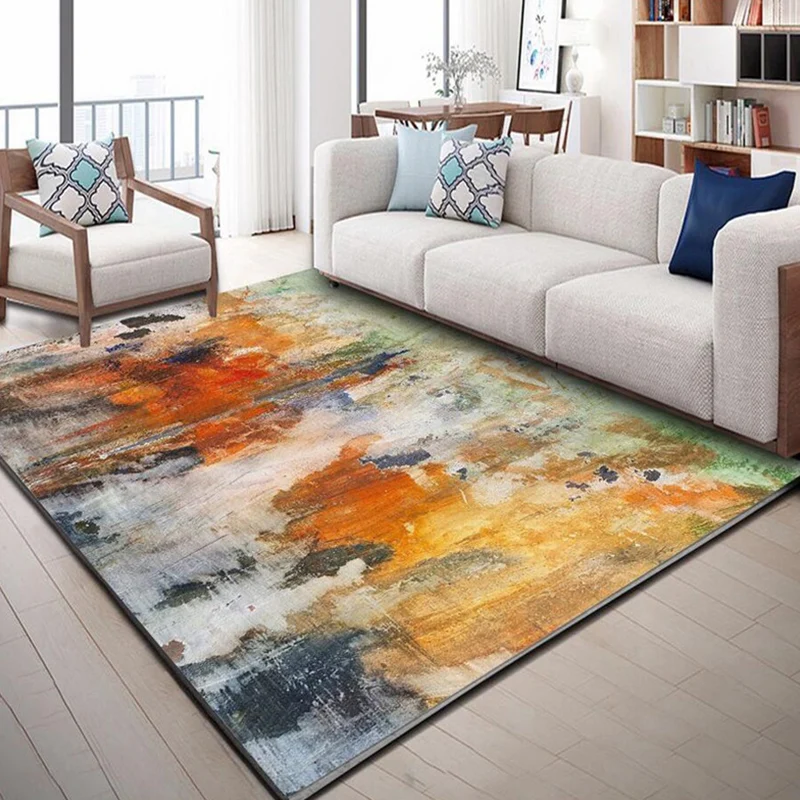 Moderner Wohnzimmerteppich Orange mit abstraktem Aquarellmalerei-Druck, rutschfester, waschbarer Teppich aus Polyester Cle...