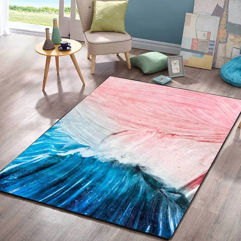 Moderner Wohnzimmerteppich Rosa und Blau mit abstraktem Farbblockdruck, waschbarer, rutschfester Teppich aus Polyester Cle...