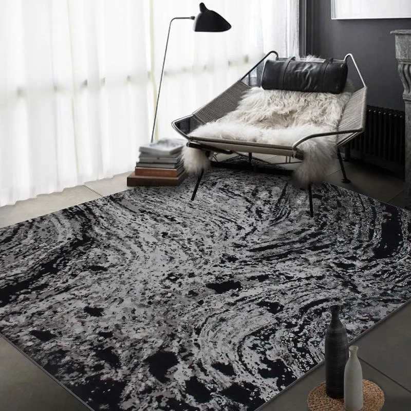 Moderner Wohnzimmerteppich Schwarz mit abstraktem Gemäldedruck, Polyester, haustierfreundlicher Teppich Clearhalo