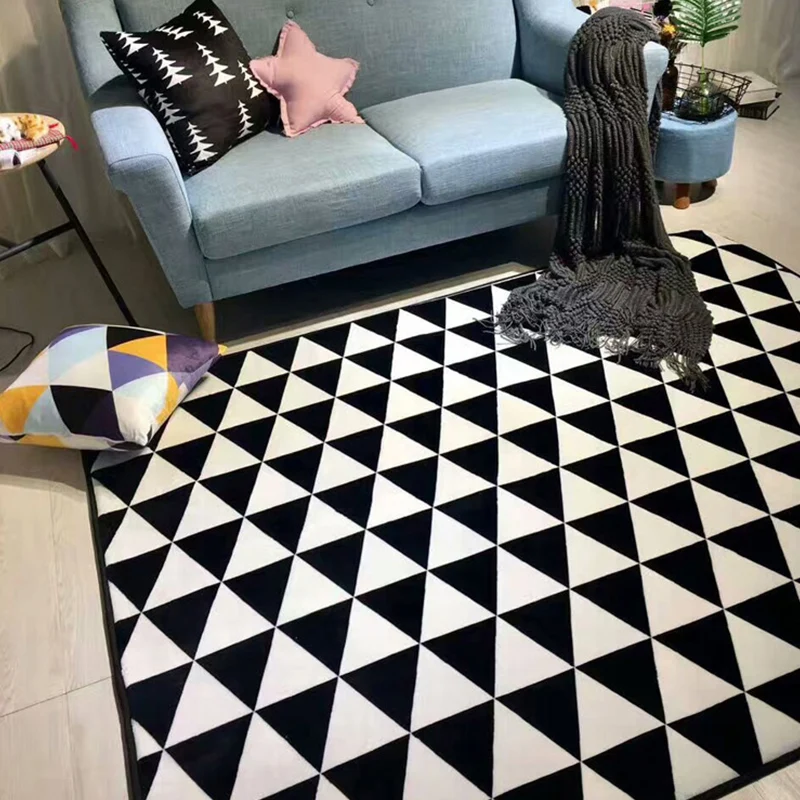 Moderner Wohnzimmerteppich Schwarz und Grau mit geometrischem Diamant-Dreieck-Aufdruck, rutschfester Polyester-Teppich Cle...