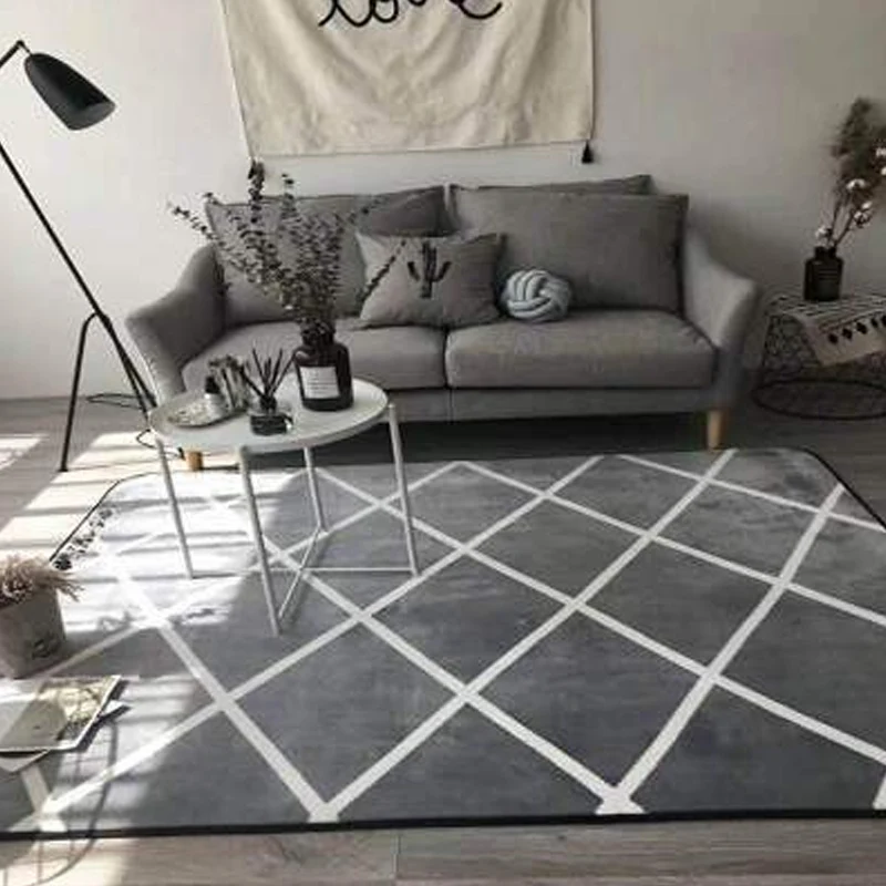 Moderner Wohnzimmerteppich Schwarz und Grau mit geometrischem Diamant-Dreieck-Aufdruck, rutschfester Polyester-Teppich Cle...