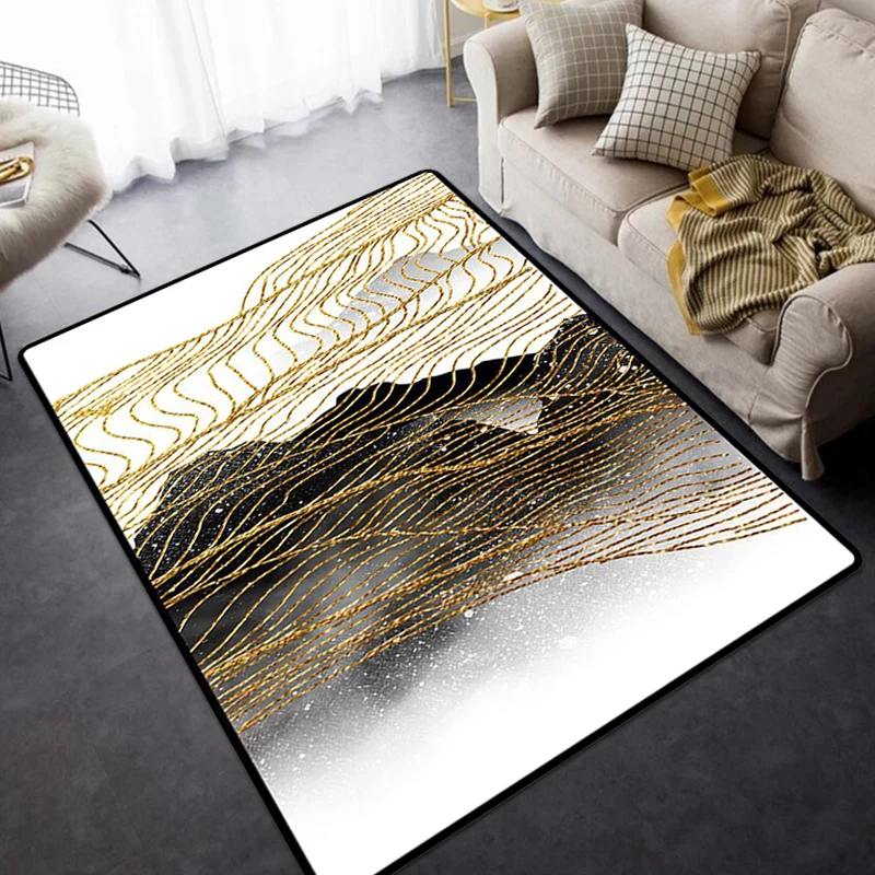 Moderner Wohnzimmerteppich Schwarz und Weiß mit abstraktem Bergmotiv, maschinenwaschbarer Teppich aus Polyester Clearhalo