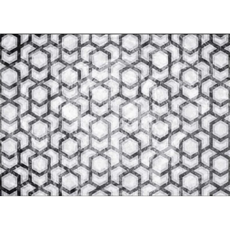 Moderner Wohnzimmerteppich Schwarz und Weiß mit geometrischem Sechseck-Aufdruck, Polyester-Teppich mit rutschfester Rückse...