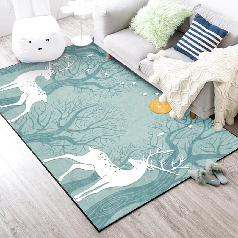 Moderner Wohnzimmerteppich Schwarz und Weiß, Tiere, Hirsch, Vogel, Baum, Teppich, Polyester, haustierfreundlicher Teppich...