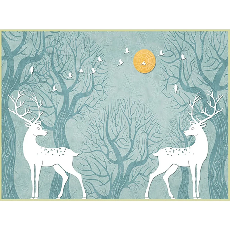 Moderner Wohnzimmerteppich Schwarz und Weiß, Tiere, Hirsch, Vogel, Baum, Teppich, Polyester, haustierfreundlicher Teppich...