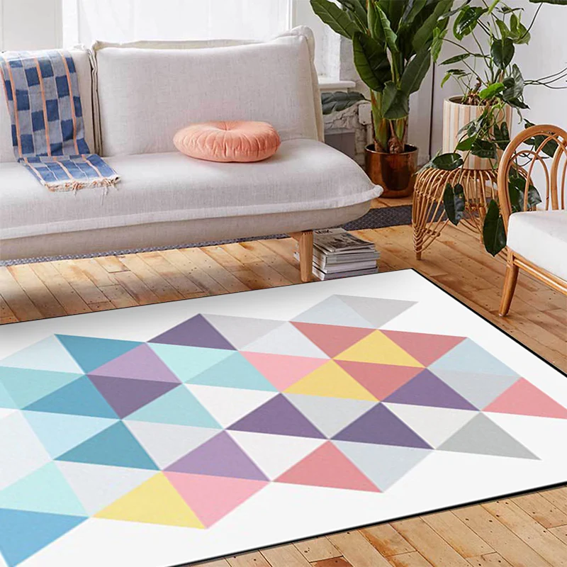 Moderner Wohnzimmerteppich Weiß mit geometrischem Dreiecksmuster, rutschfester, waschbarer Teppich aus Polyester Clearhalo