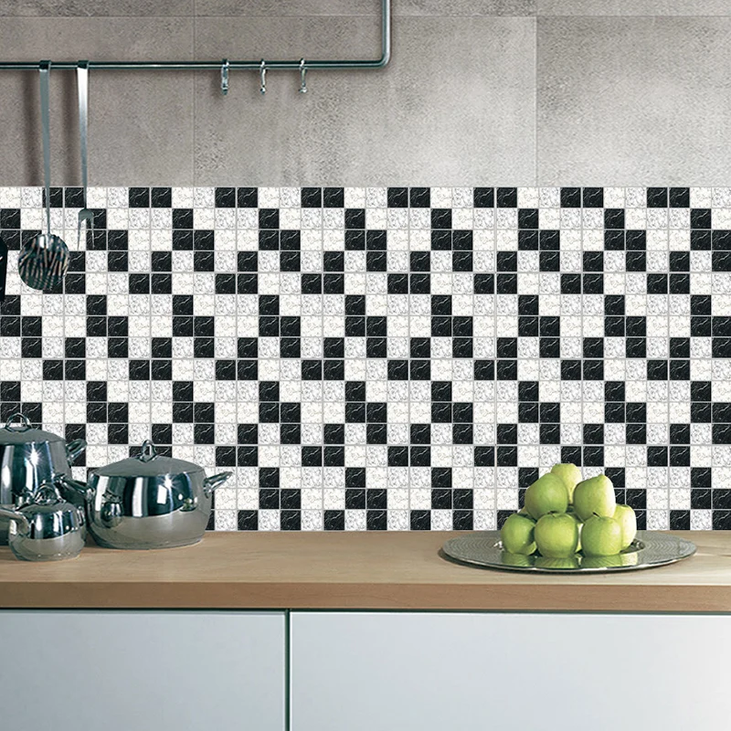 Modernes, selbstklebendes Marmor-Tapetenpaneel, schwarz-weiße Mosaikfliesen-Wandkunst für den Waschraum Clearhalo