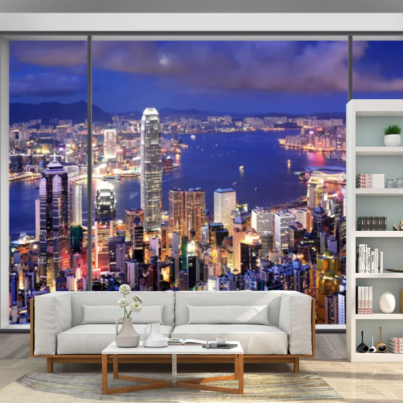 Modernes Wandbild mit Stadtlandschaft für die Dekoration von Besprechungsräumen, maßgeschneiderte Wandkunst Blau und Lila...