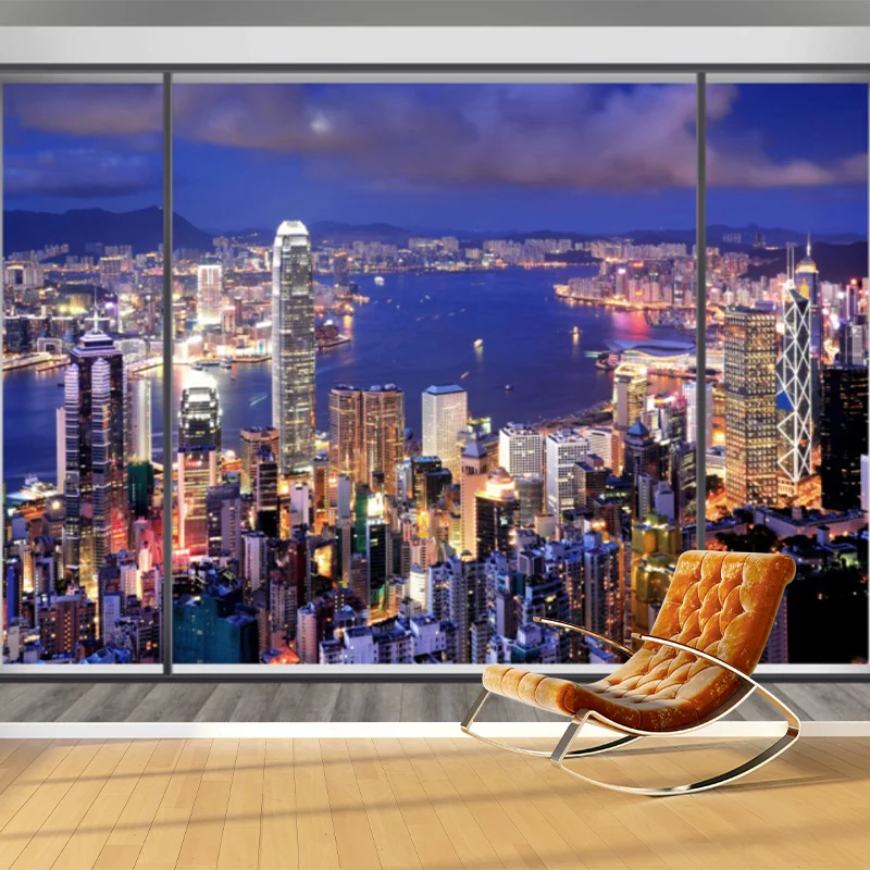 Modernes Wandbild mit Stadtlandschaft für die Dekoration von Besprechungsräumen, maßgeschneiderte Wandkunst Blau und Lila...