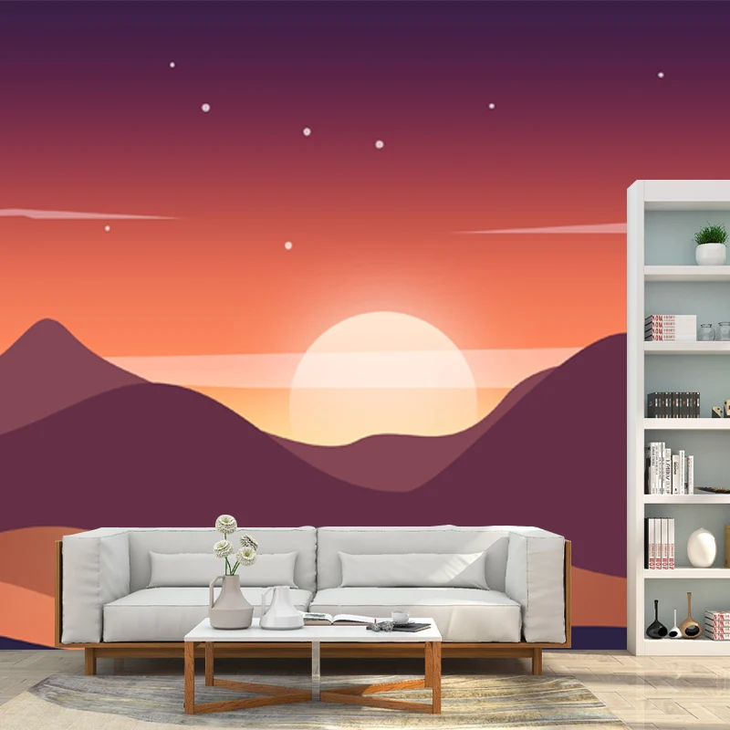 Modernes Wandgemälde mit Sternenlandschaft, gelb-brauner großer Mond hinter den Bergen, Wanddekoration Clearhalo