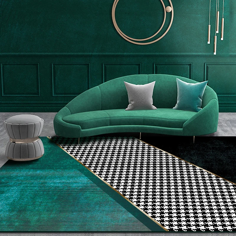 Modernistischer Colorblock-Teppich mit Hahnentrittmuster, schwarzer und grüner Polyester-Teppich, rutschfest, haustierfreu...