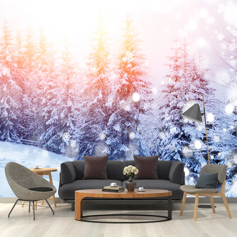 Modernistisches Sonnenlicht-Schnee-Zypressen-Wandbild für Wohnzimmer, individuelle Wanddekoration Rosa Clearhalo