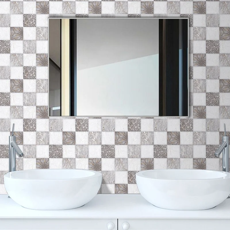 Mosaikfliesen, abziehbare Tapetenbahn, Grau-Weiß, moderne Wandverkleidung für Badezimmer Clearhalo