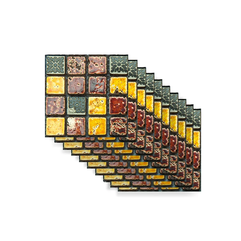 Mosaik-Tapetenpaneel mit Distressed-Fliesen, moderne PVC-Wandverkleidung Rot-Gelb-Grün, vorübergehend Clearhalo