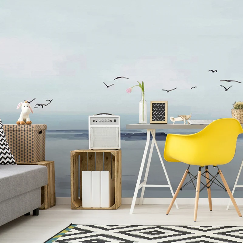 Möwen-Wanddekoration Blau und Weiß, zeitgenössische Wandtapete für Gästezimmer Clearhalo