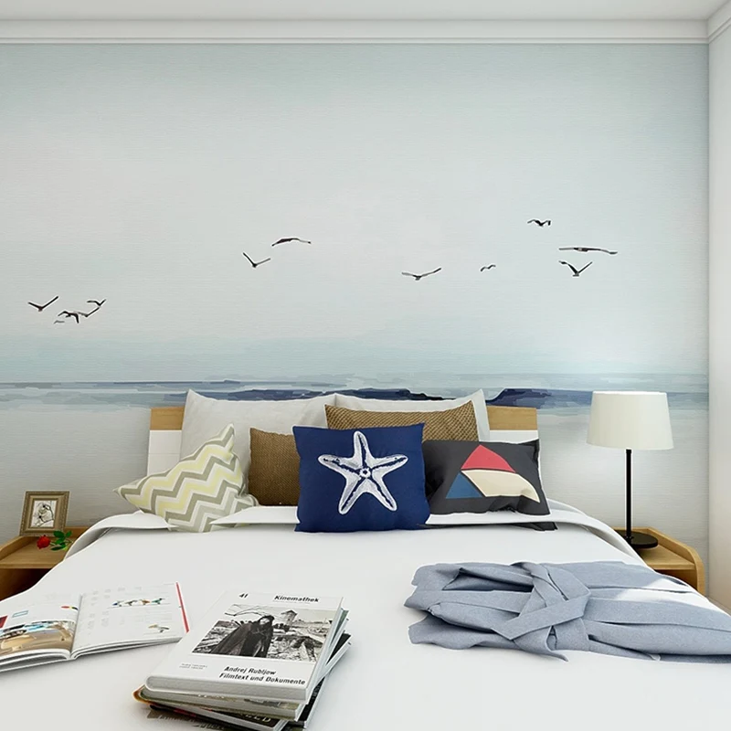 Möwen-Wanddekoration Blau und Weiß, zeitgenössische Wandtapete für Gästezimmer Clearhalo