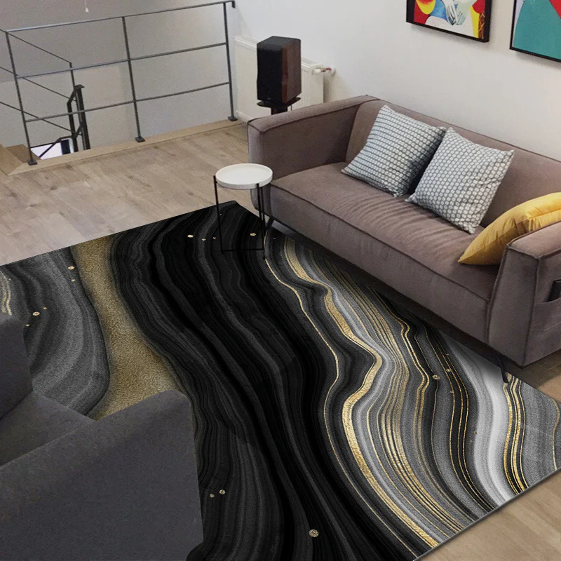 Neuartiger moderner Teppich Schwarz und Gold mit abstraktem Steinkornmuster, waschbarer Teppich aus Polyester für die Heim...