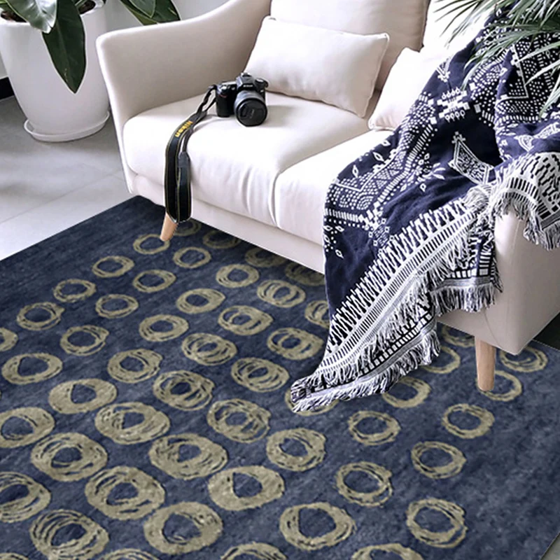 Neuartiger Wohnzimmerteppich Blau mit geometrischem Kreisdruck, Polyester, rutschfeste Rückseite, waschbarer Teppich Clear...