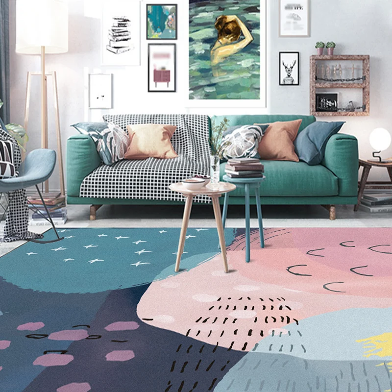 Neuartiger Wohnzimmerteppich Rosa und Blau mit Farbblockdruck, maschinenwaschbarer Teppich aus Polyester Clearhalo