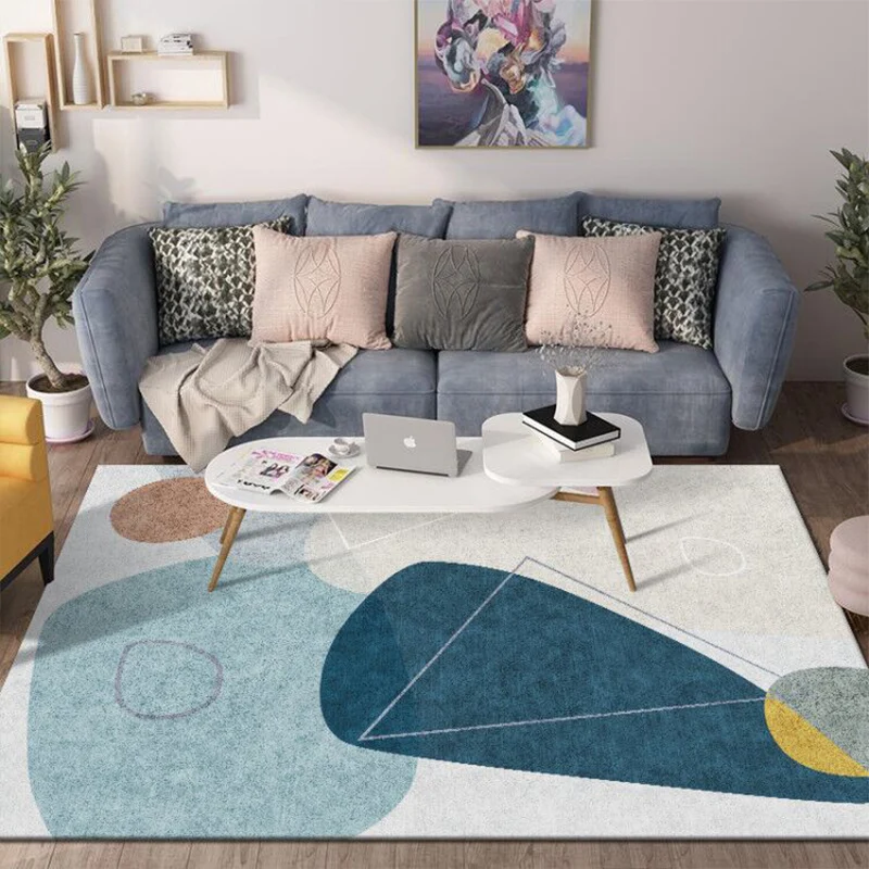 Nordic Colorblock Line Art Teppich, mehrfarbiger Synthetikteppich, maschinenwaschbar, haustierfreundlich, rutschfester Tep...