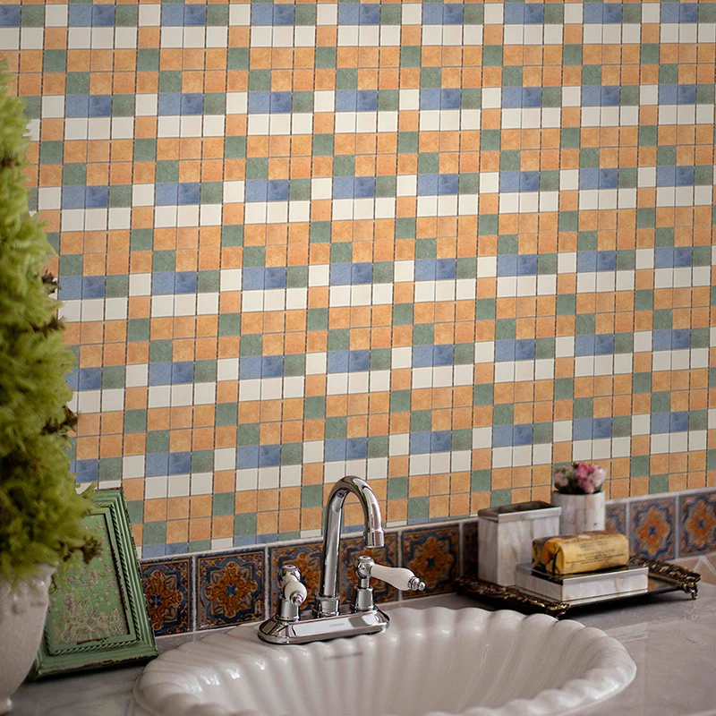 Orangefarbene Bohemian-Tapetenpaneele, 6,5 m² große Mosaikfliesen-Wanddekoration für den Waschraum Clearhalo