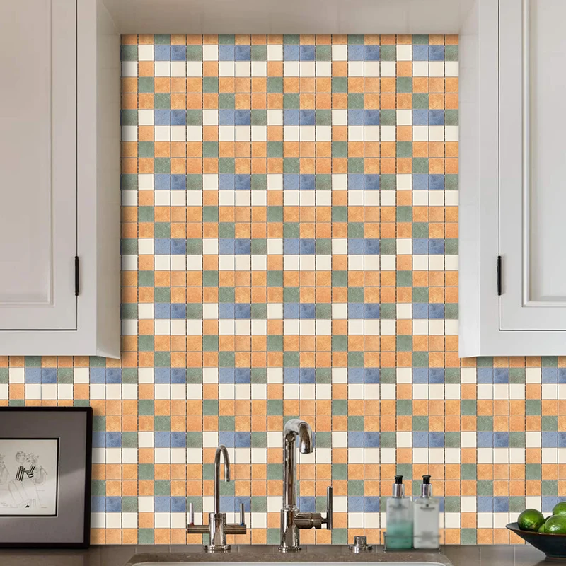 Orangefarbene Bohemian-Tapetenpaneele, 6,5 m² große Mosaikfliesen-Wanddekoration für den Waschraum Clearhalo