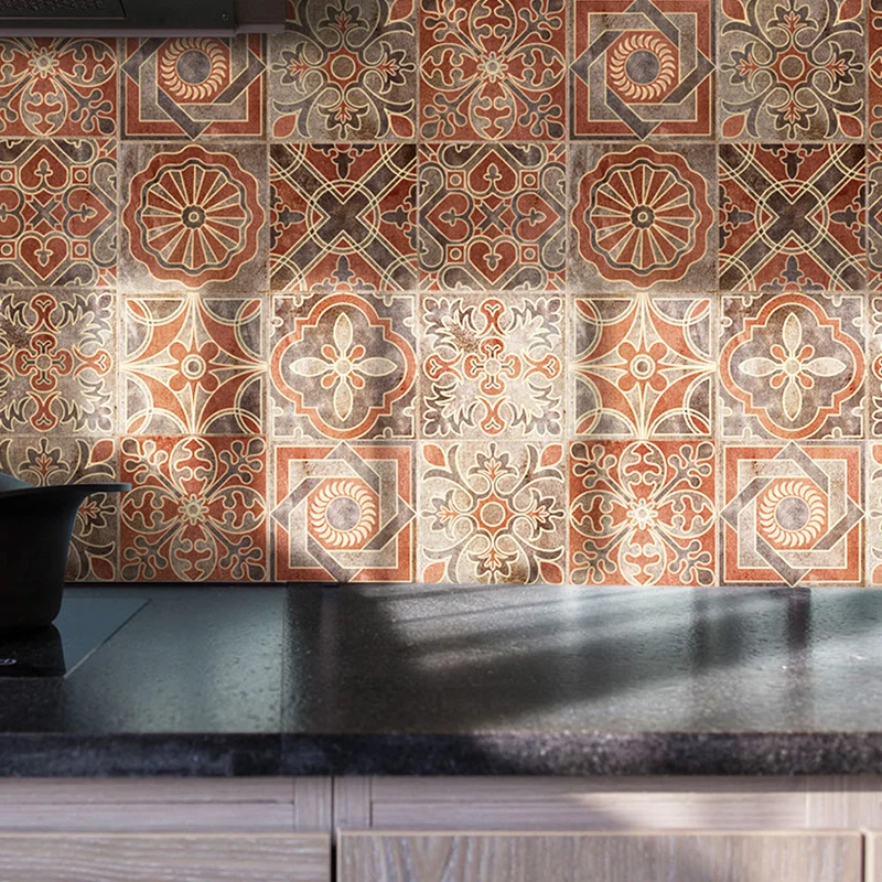 Orangefarbene Tapete mit indischen Fliesen zum Abziehen und Aufkleben, Boho-Chic-Wandkunst für Treppen (10 Stück) Clearhalo