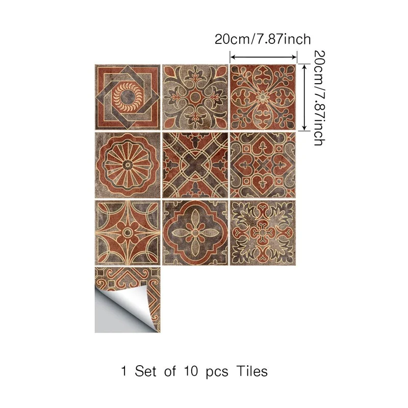 Orangefarbene Tapete mit indischen Fliesen zum Abziehen und Aufkleben, Boho-Chic-Wandkunst für Treppen (10 Stück) Clearhalo
