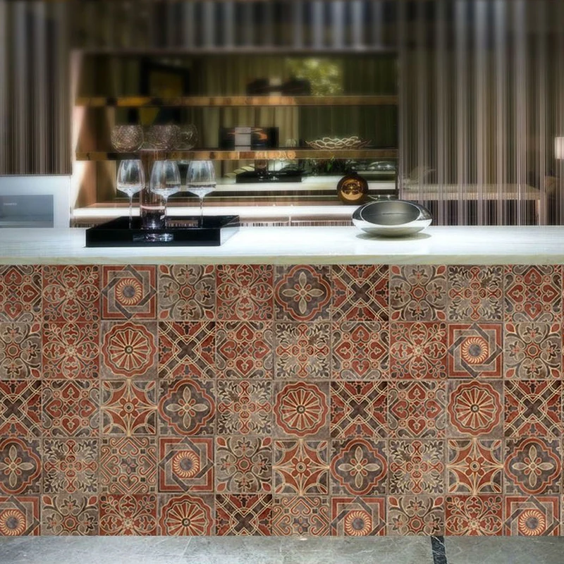 Orangefarbene Tapete mit indischen Fliesen zum Abziehen und Aufkleben, Boho-Chic-Wandkunst für Treppen (10 Stück) Clearhalo