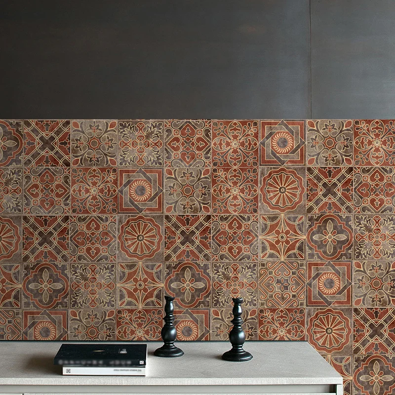 Orangefarbene Tapete mit indischen Fliesen zum Abziehen und Aufkleben, Boho-Chic-Wandkunst für Treppen (10 Stück) Clearhalo