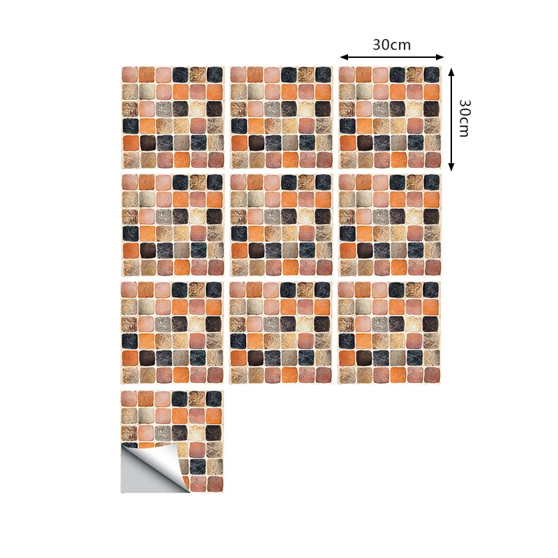 Orangefarbenes Mosaikfliesen-Tapetenpaneel-Set, selbstklebende Wanddekoration für Badezimmer, 10-teilig Clearhalo