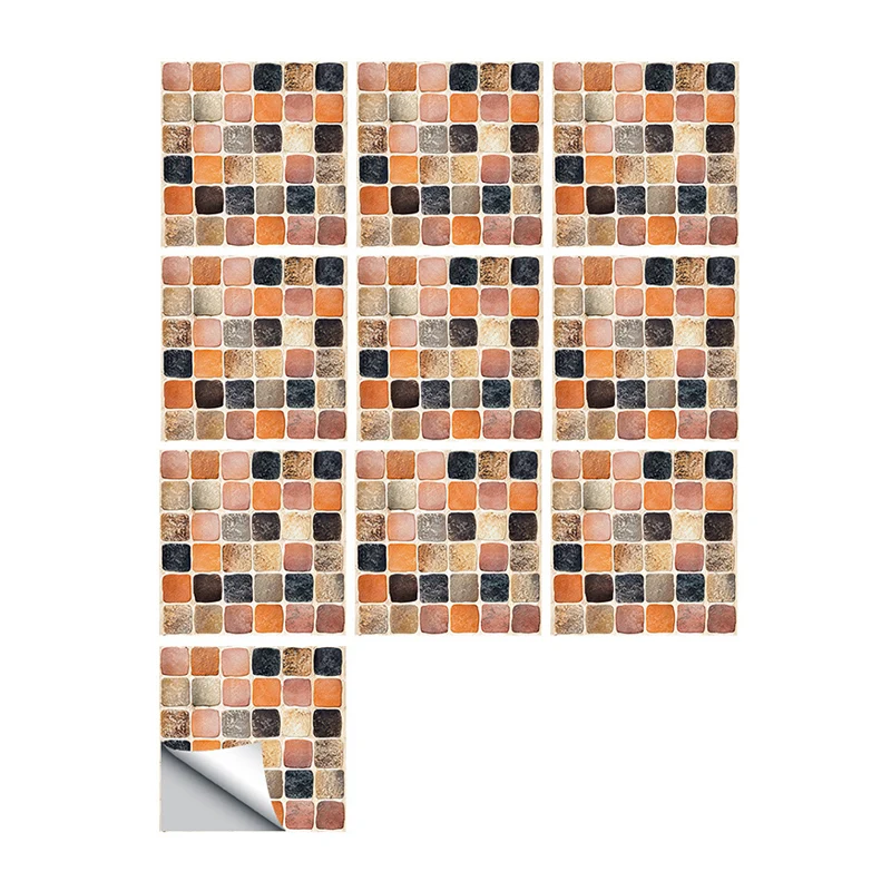 Orangefarbenes Mosaikfliesen-Tapetenpaneel-Set, selbstklebende Wanddekoration für Badezimmer, 10-teilig Clearhalo