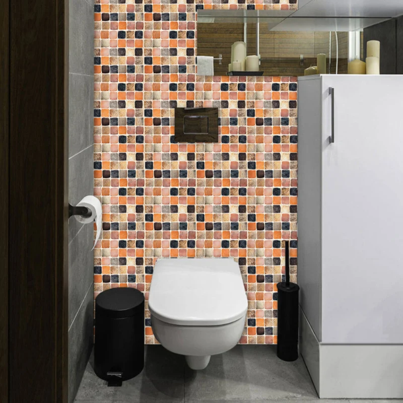 Orangefarbenes Mosaikfliesen-Tapetenpaneel-Set, selbstklebende Wanddekoration für Badezimmer, 10-teilig Clearhalo