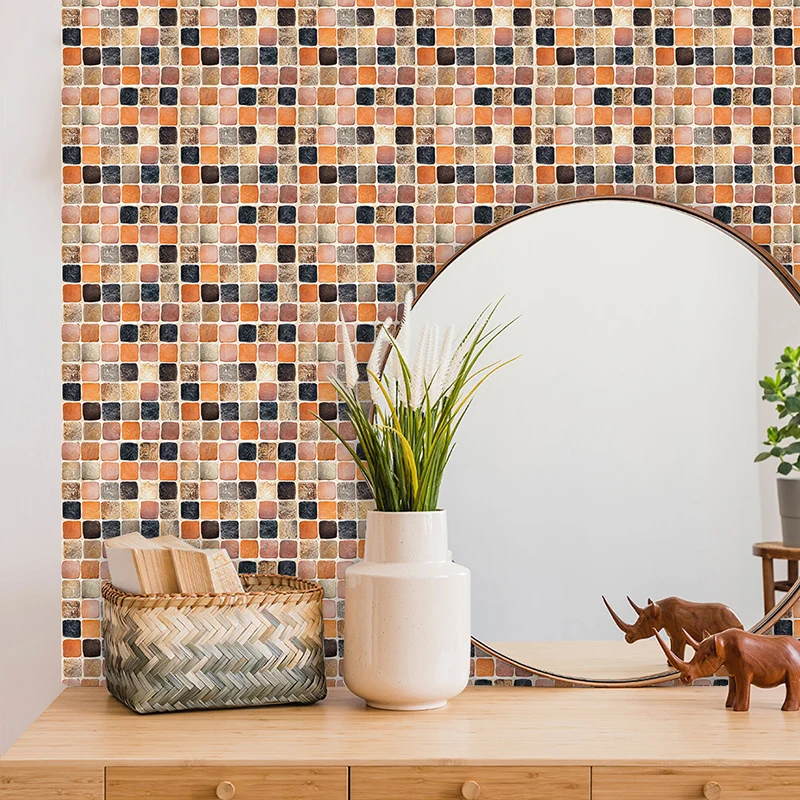 Orangefarbenes Mosaikfliesen-Tapetenpaneel-Set, selbstklebende Wanddekoration für Badezimmer, 10-teilig Clearhalo