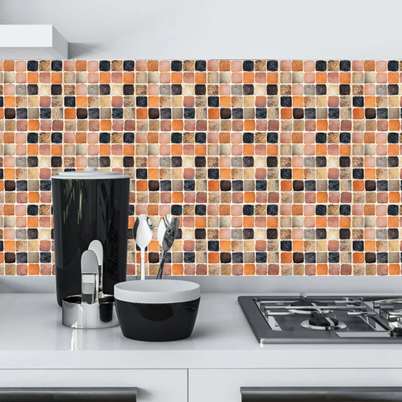 Orangefarbenes Mosaikfliesen-Tapetenpaneel-Set, selbstklebende Wanddekoration für Badezimmer, 10-teilig Clearhalo