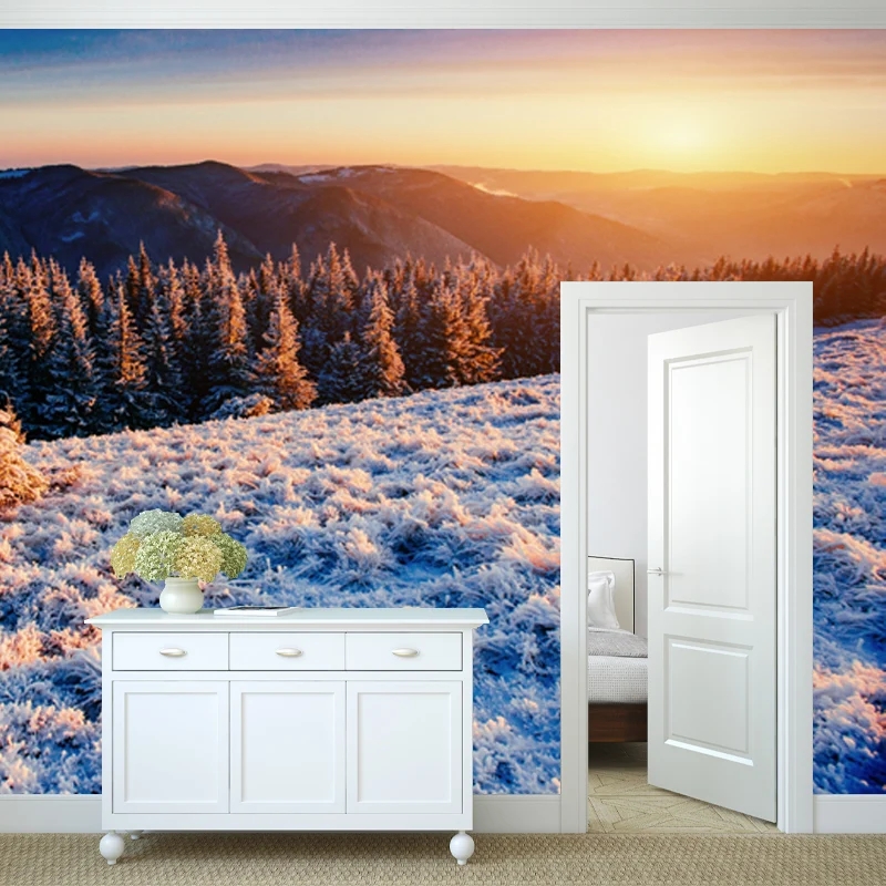 Orangefarbenes Wandbild mit Blick auf den Sonnenuntergang, Luftaufnahme des Winterwaldes, modernes, waschbares Wanddekor C...