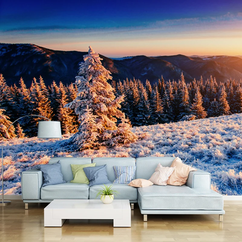Orangefarbenes Wandbild mit Blick auf den Sonnenuntergang, Luftaufnahme des Winterwaldes, modernes, waschbares Wanddekor C...