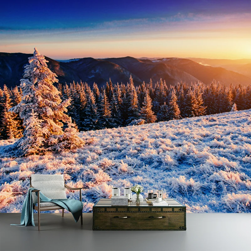 Orangefarbenes Wandbild mit Blick auf den Sonnenuntergang, Luftaufnahme des Winterwaldes, modernes, waschbares Wanddekor C...