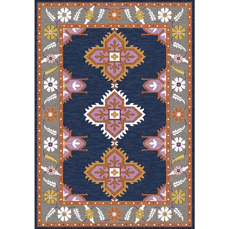Orientalischer marokkanischer Teppich Blau und Grau, Medaillon, Blumenblattmuster, Teppich aus Polyester, rutschfester Tep...