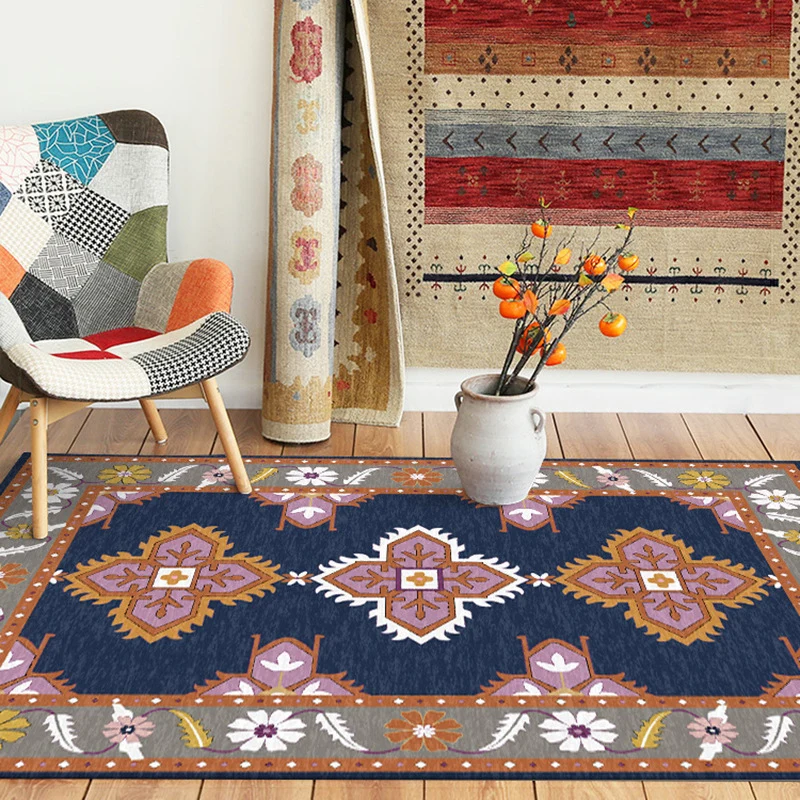 Orientalischer marokkanischer Teppich Blau und Grau, Medaillon, Blumenblattmuster, Teppich aus Polyester, rutschfester Tep...