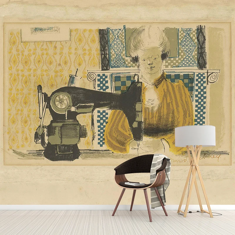 Pastellfarbene Art-Deco-Wandbilder Originalgröße, Frau mit Nähmaschine, Zeichnung, Wandverkleidung für Zuhause Clearhalo