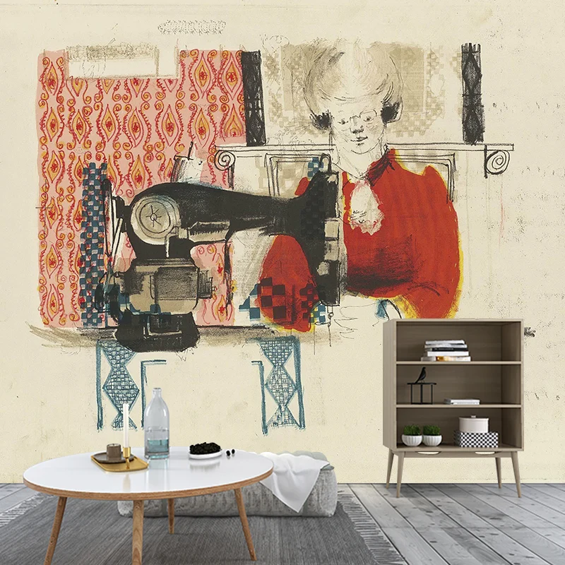 Pastellfarbene Art-Deco-Wandbilder Originalgröße, Frau mit Nähmaschine, Zeichnung, Wandverkleidung für Zuhause Clearhalo
