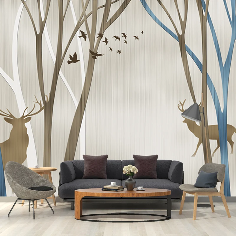 Personalisierte Illustration nordischer Wandgemälde mit Silhouette-Hirsch im blattlosen Baummuster Blaubraun Clearhalo