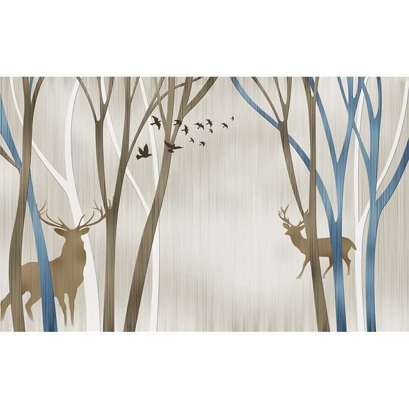 Personalisierte Illustration nordischer Wandgemälde mit Silhouette-Hirsch im blattlosen Baummuster Blaubraun Clearhalo