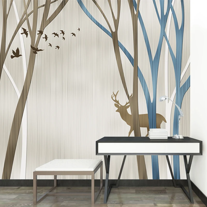 Personalisierte Illustration nordischer Wandgemälde mit Silhouette-Hirsch im blattlosen Baummuster Blaubraun Clearhalo